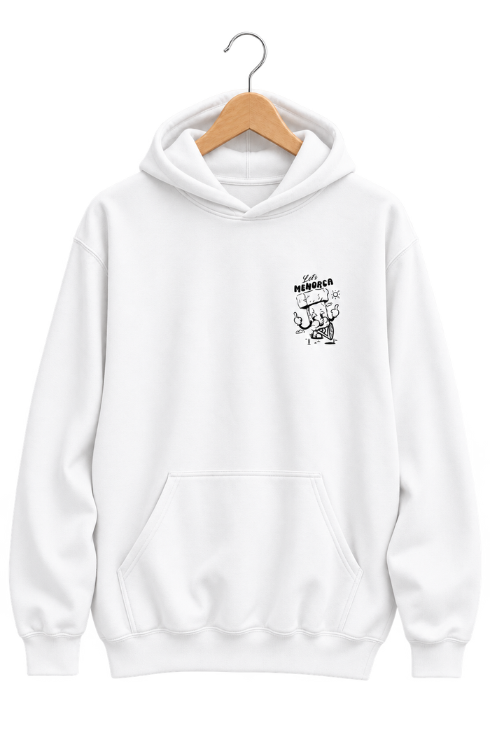 Sudadera con capucha "Let's menorca" — vista frontal en percha, recreada para el perchero